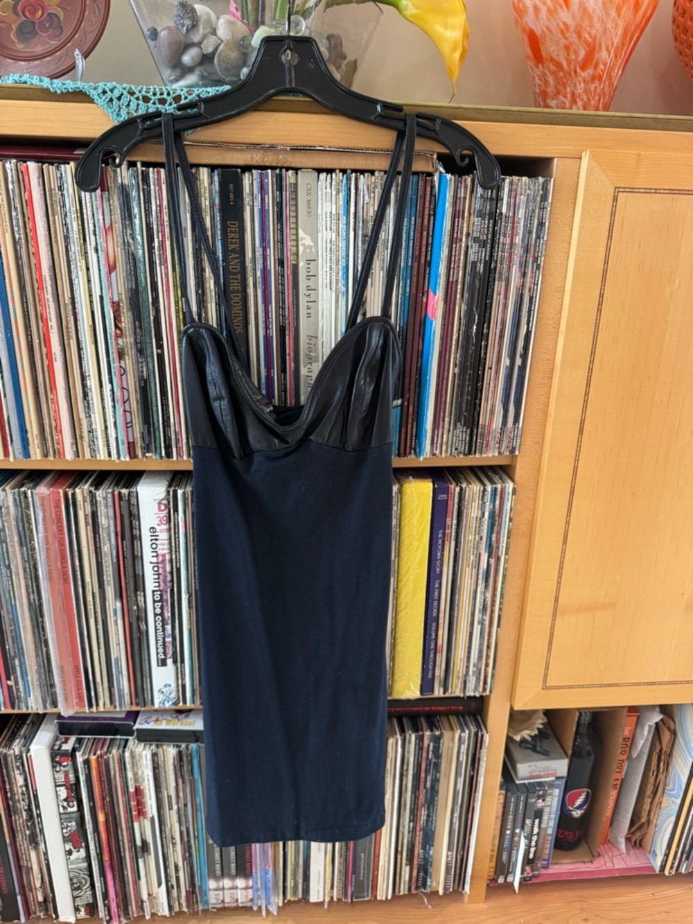 PRICE DROP: NWT MADE in USA FIRENZE BLK Slip Dress with LEATHER BUST/STRAPS, L